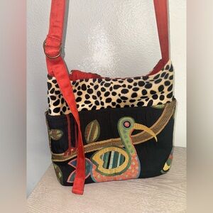 The Atenti |Bird Black Satchel~bag Black Red leopard print